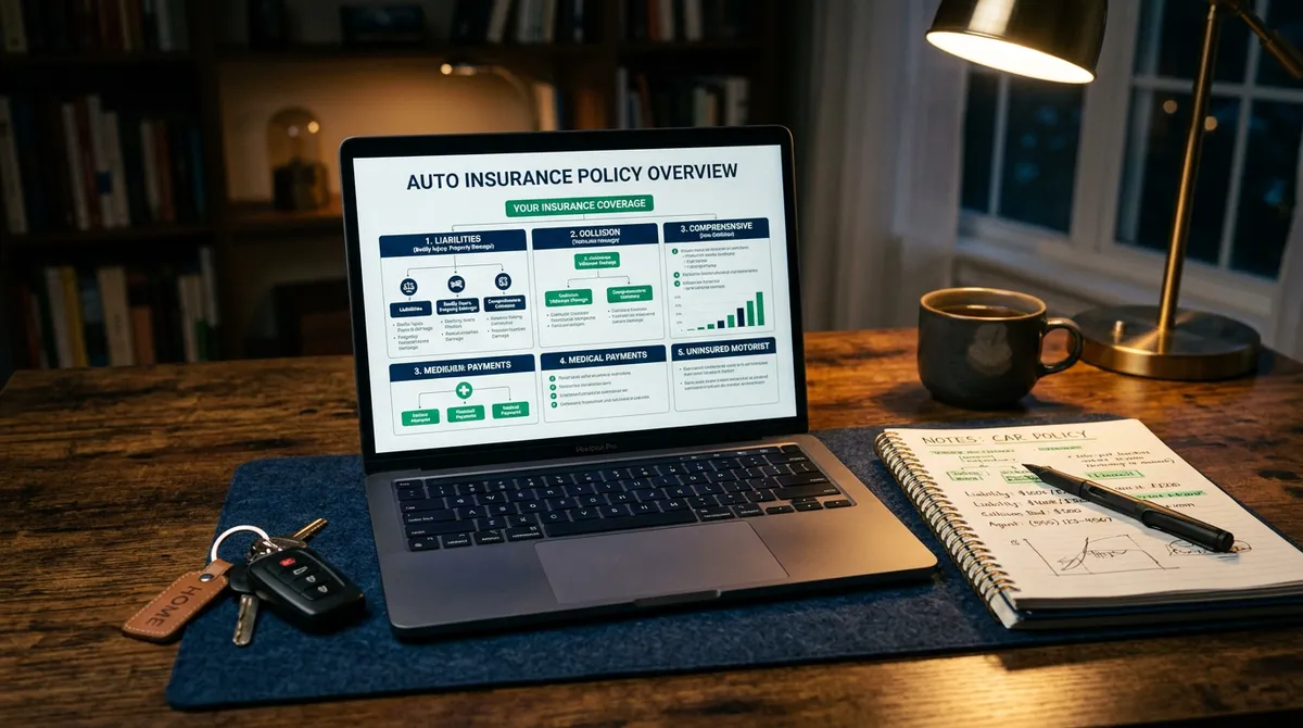 Учебные материалы по автострахованию: документы и конспект на рабочем столе